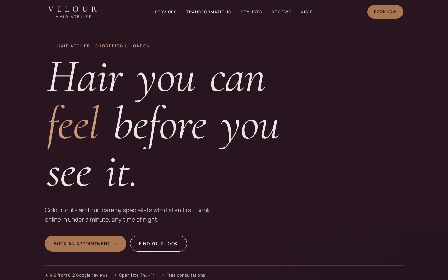 VELOUR Hair Atelier website preview